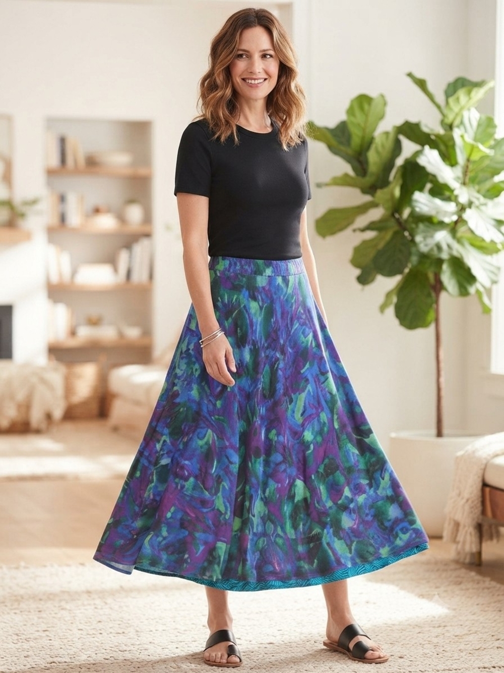 Coldwater Creek Abstract Watercolor Print Viscose A-Line Skirt Petite Large